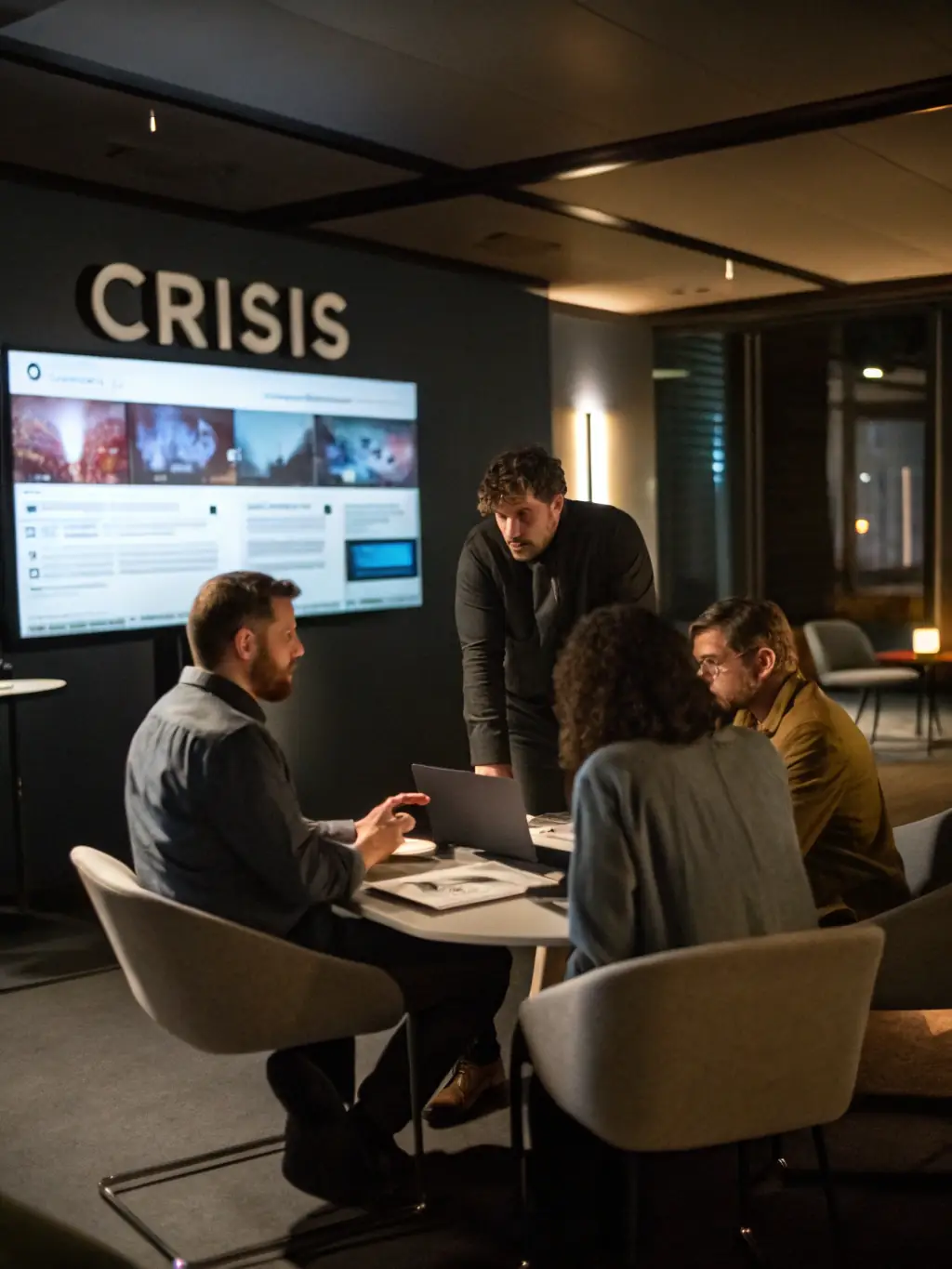 A team of crisis management experts working diligently in a situation room, managing a crisis scenario for a client.