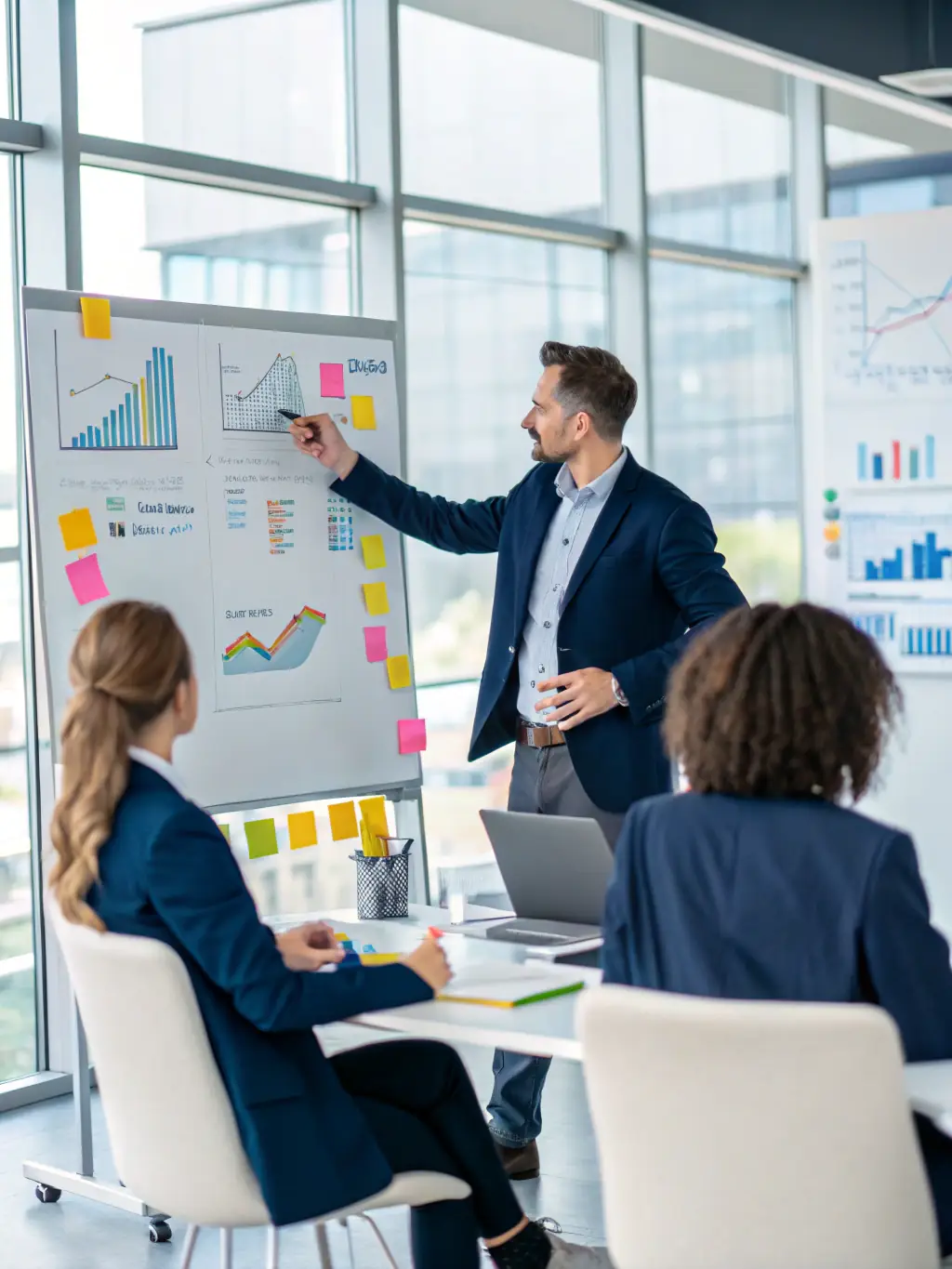 A consultant in a suit, confidently presenting strategic insights to a group of executives in a modern boardroom, emphasizing Nexura's strategy consulting expertise.