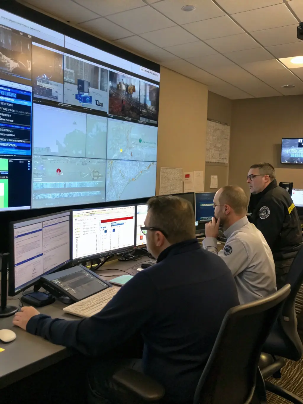 A crisis response team coordinating efforts in a control room setting, showcasing Nexura's Crisis Management capabilities.