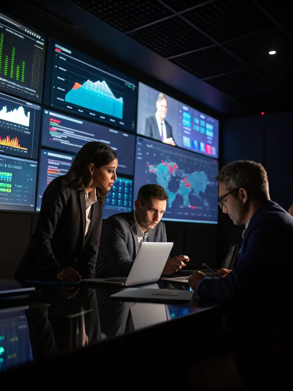 An image of a team of consultants analyzing data and discussing strategies around a conference table, representing Nexura's Strategy Consulting services.
